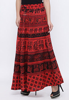 Mandala Printed Pure Cotton Skirt in Red