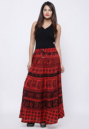 Mandala Printed Pure Cotton Skirt in Red