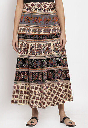 Beige - Kalamkari Block Print Cotton Wrap Around Skirt 63