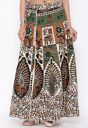 Mandala Printed Pure Cotton Wrap Around Skirt in Light Beige and Green