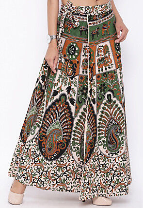 Mandala Printed Pure Cotton Wrap Around Skirt in Light Beige and Green