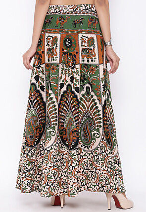 Mandala Printed Pure Cotton Wrap Around Skirt in Light Beige and Green