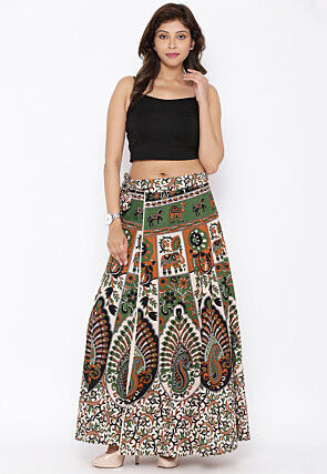 Mandala Printed Pure Cotton Wrap Around Skirt in Light Beige and Green