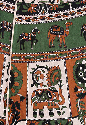 Mandala Printed Pure Cotton Wrap Around Skirt in Light Beige and Green