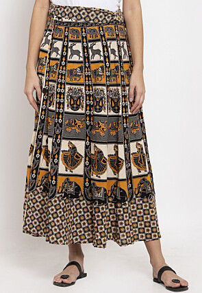 Mandala Printed Pure Cotton Wrap Around Skirt in Light Beige and Grey