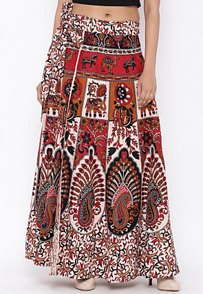 Mandala Printed Pure Cotton Wrap Around Skirt in Light Beige and Red