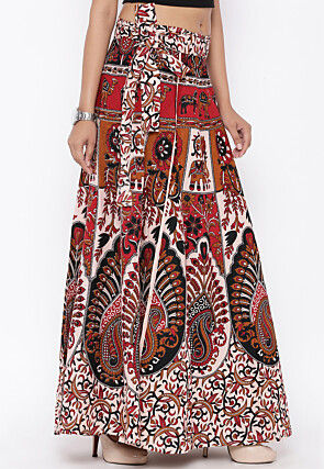 Mandala Printed Pure Cotton Wrap Around Skirt in Light Beige and Red
