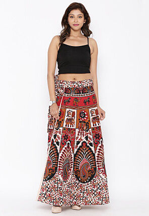 Mandala Printed Pure Cotton Wrap Around Skirt in Light Beige and Red
