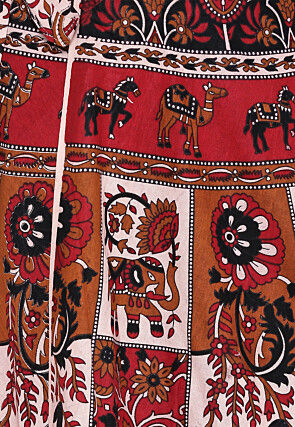 Mandala Printed Pure Cotton Wrap Around Skirt in Light Beige and Red