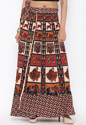 Mandala Printed Pure Cotton Wrap Around Skirt in Light Beige and Red