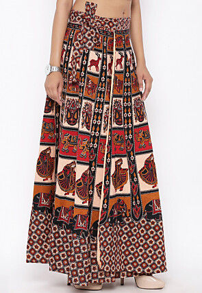 Mandala Printed Pure Cotton Wrap Around Skirt in Light Beige and Red
