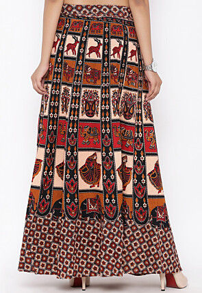 Mandala Printed Pure Cotton Wrap Around Skirt in Light Beige and Red