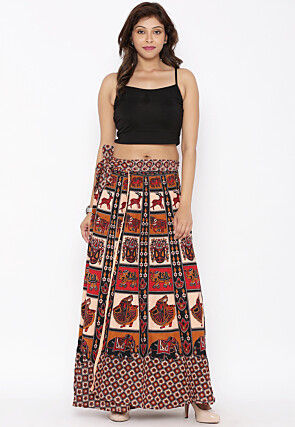 Mandala Printed Pure Cotton Wrap Around Skirt in Light Beige and Red