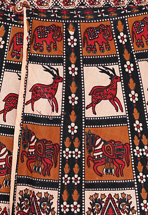 Mandala Printed Pure Cotton Wrap Around Skirt in Light Beige and Red