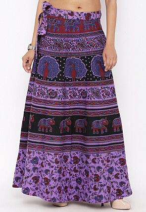 Mandala Printed Pure Cotton Wrap Around Skirt in Light Purple