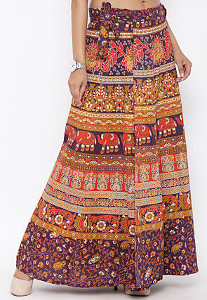 Mandala Printed Pure Cotton Wrap Around Skirt in Multicolor