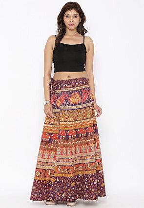 Mandala Printed Pure Cotton Wrap Around Skirt in Multicolor
