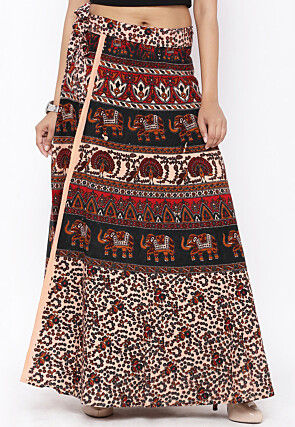 Mandala Printed Pure Cotton Wrap Around Skirt in Multicolor