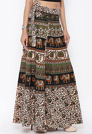 Mandala Printed Pure Cotton Wrap Around Skirt in Multicolor