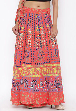 Mandala Printed Pure Cotton Wrap Around Skirt in Orange