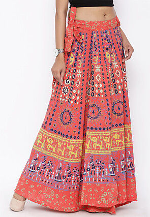 Mandala Printed Pure Cotton Wrap Around Skirt in Orange