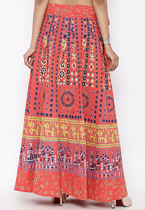 Mandala Printed Pure Cotton Wrap Around Skirt in Orange