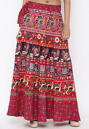 Mandala Printed Pure Cotton Wrap Around Skirt in Red