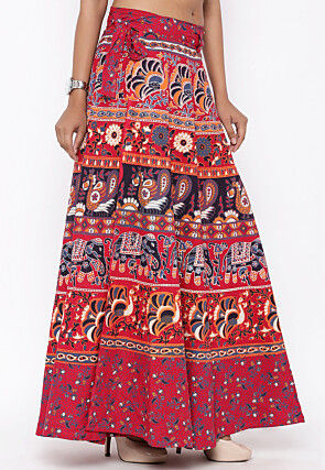 Mandala Printed Pure Cotton Wrap Around Skirt in Red