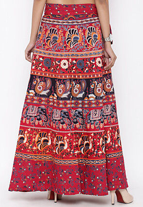 Mandala Printed Pure Cotton Wrap Around Skirt in Red