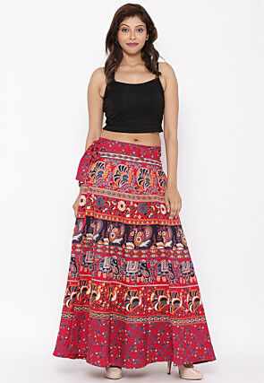 Mandala Printed Pure Cotton Wrap Around Skirt in Red