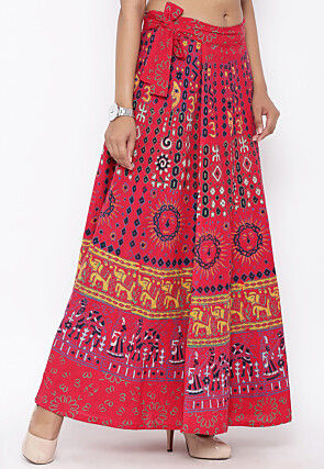 Mandala Printed Pure Cotton Wrap Around Skirt in Red