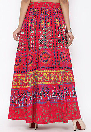 Mandala Printed Pure Cotton Wrap Around Skirt in Red