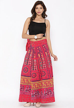 Mandala Printed Pure Cotton Wrap Around Skirt in Red