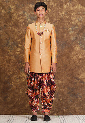 Marbel Printed Art Silk Sherwani in Beige