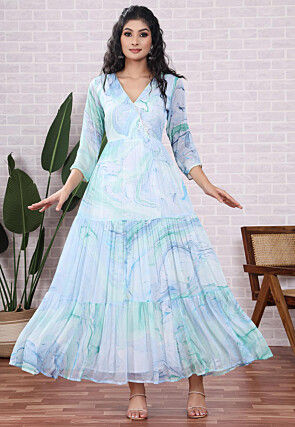 Marbel Printed Chiffon Abaya Style Suit in Light Blue and Light Green