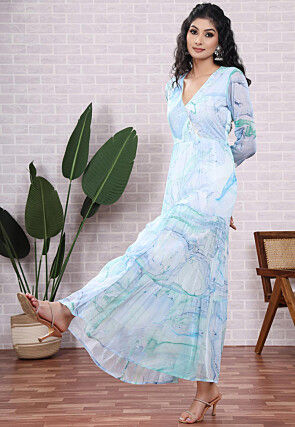 Marbel Printed Chiffon Abaya Style Suit in Light Blue and Light Green