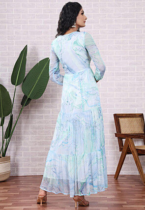 Marbel Printed Chiffon Abaya Style Suit in Light Blue and Light Green