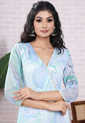 Marbel Printed Chiffon Abaya Style Suit in Light Blue and Light Green