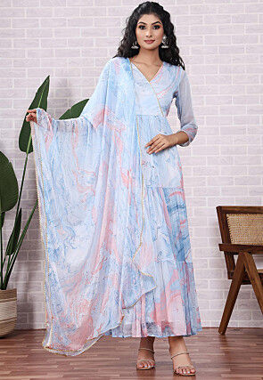 Marbel Printed Chiffon Abaya Style Suit in Light Blue and Pink