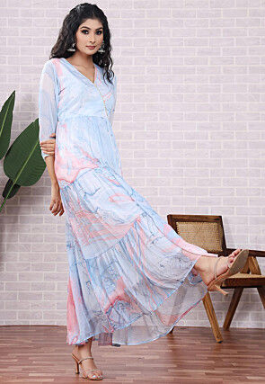 Marbel Printed Chiffon Abaya Style Suit in Light Blue and Pink
