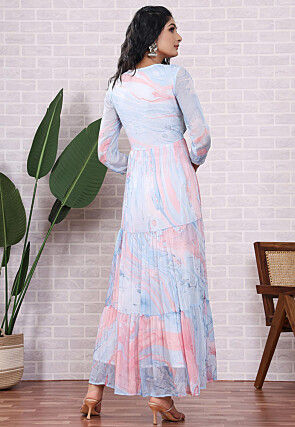 Marbel Printed Chiffon Abaya Style Suit in Light Blue and Pink