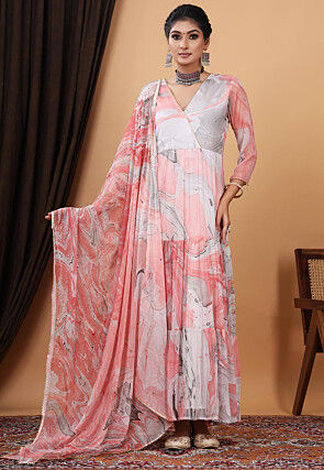 Marble Printed Chiffon Abaya Style Suit in Pink and Grey