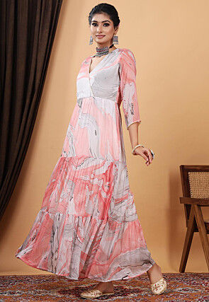 Marble Printed Chiffon Abaya Style Suit in Pink and Grey