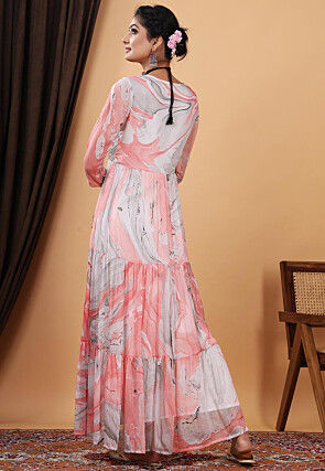 Marble Printed Chiffon Abaya Style Suit in Pink and Grey