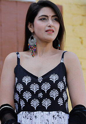 Marble Dye Pure Cotton Abaya Style Suit in Black and White