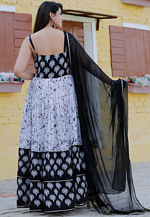 Marble Dye Pure Cotton Abaya Style Suit in Black and White