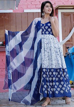 Marble Dye Pure Cotton Abaya Style Suit in Royal Blue and White