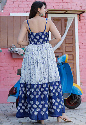 Marble Dye Pure Cotton Abaya Style Suit in Royal Blue and White