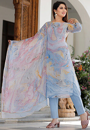 Marble Dyed Chiffon Pakistani Suit in Blue