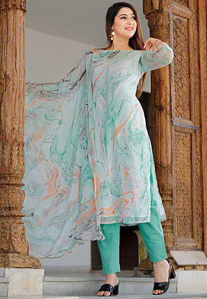 Marble Dyed Chiffon Pakistani Suit in Sea Green